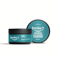 Smilo activated charcoal teeth whitening powder jar with lid, teal packaging on white background