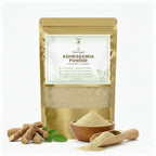 Package of Ashwagandha powder with a wooden bowl and scoop on a white background