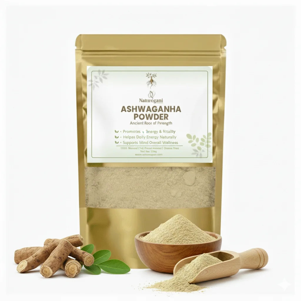 Package of Ashwagandha powder with a wooden bowl and scoop on a white background