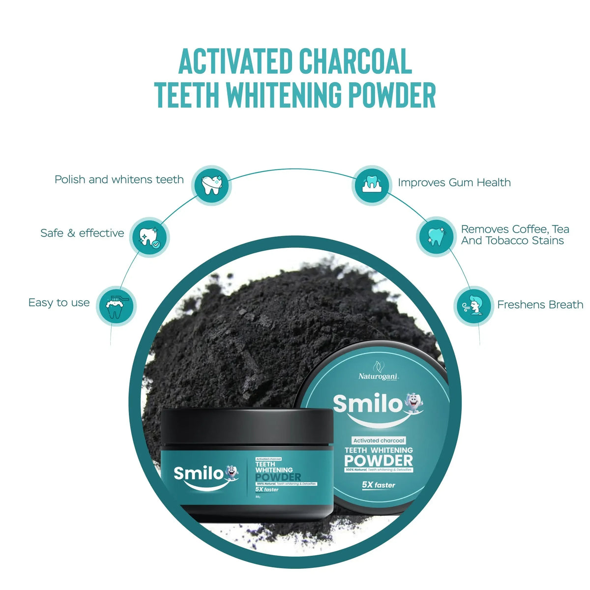 Smilo activated charcoal teeth whitening powder container on charcoal powder with benefits listed