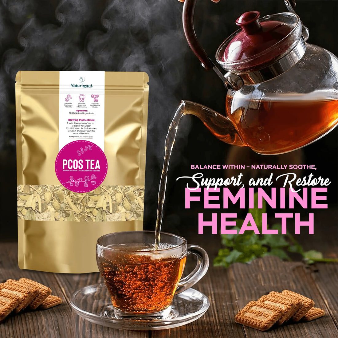 Herbal PCOS support tea by Naturogani to reduce PCOS symptoms naturally