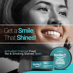 Smiling woman showing white teeth with Smilo activated charcoal teeth whitening powder jars.