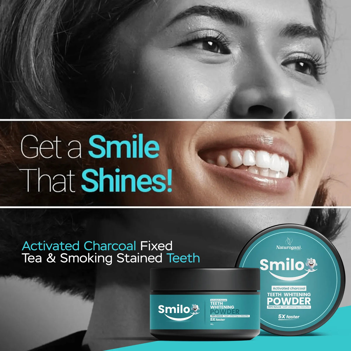 Smiling woman showing white teeth with Smilo activated charcoal teeth whitening powder jars.