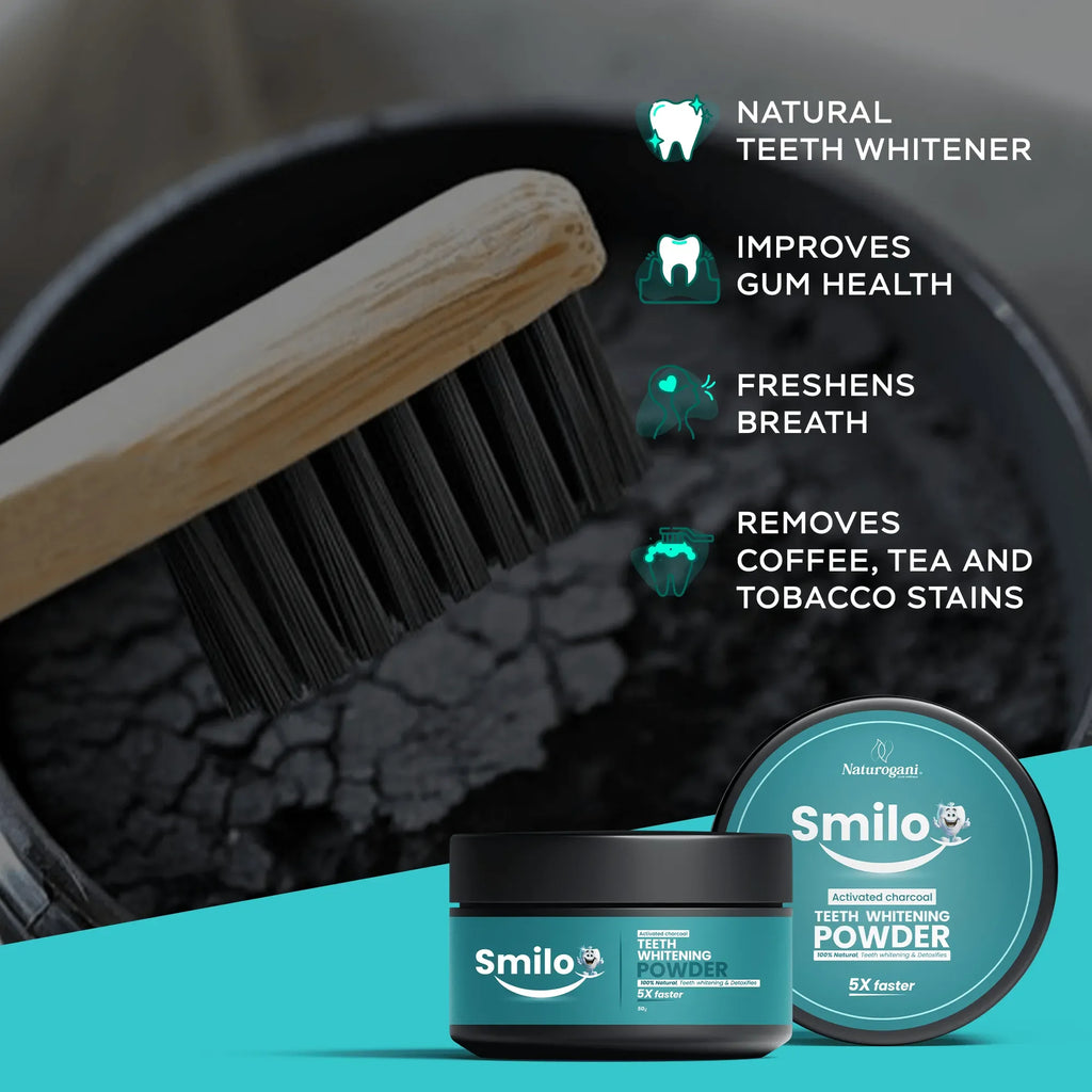 Smilo teeth whitening powder jar and tin, bamboo toothbrush, black powder, product benefits listed