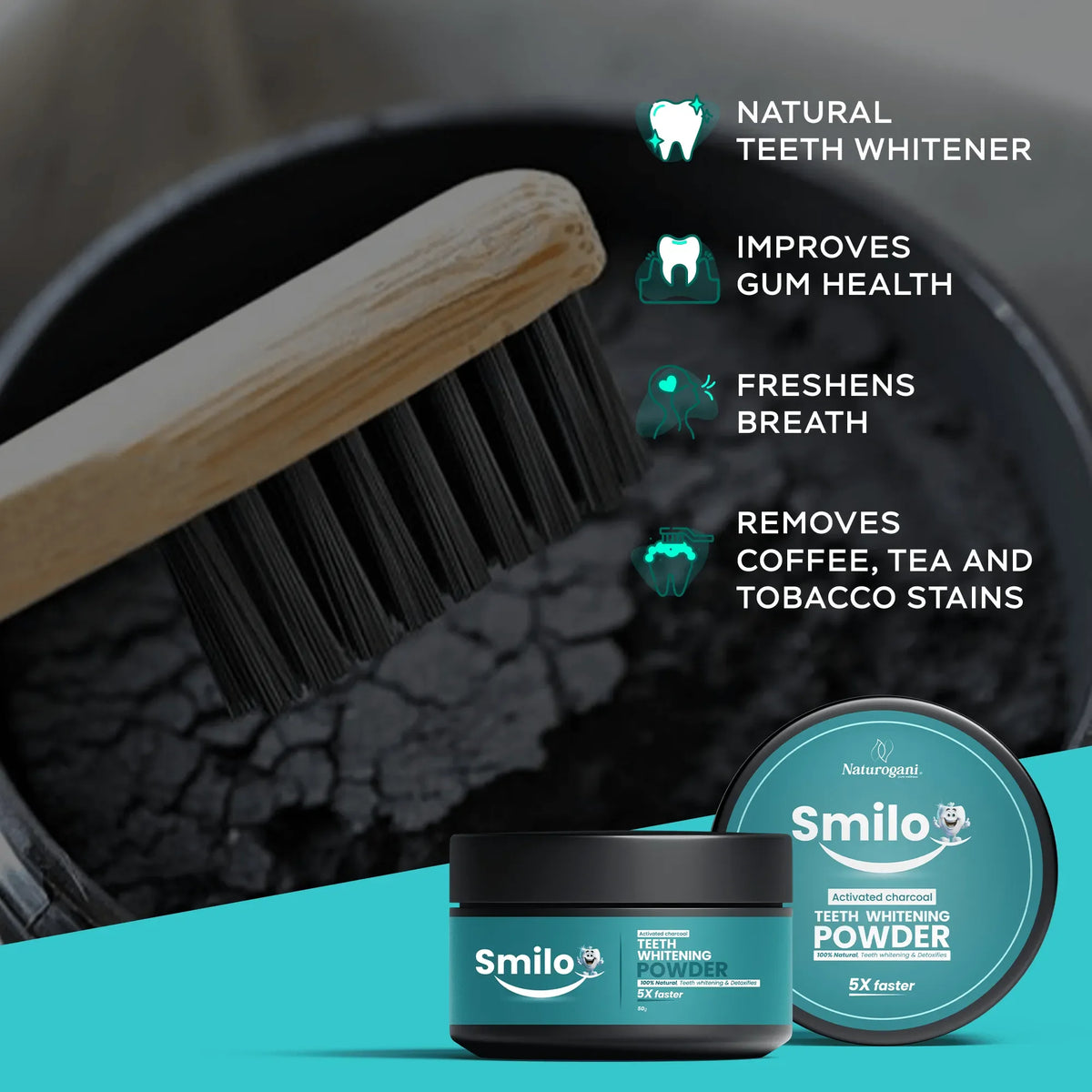 Smilo teeth whitening powder jar and tin, bamboo toothbrush, black powder, product benefits listed