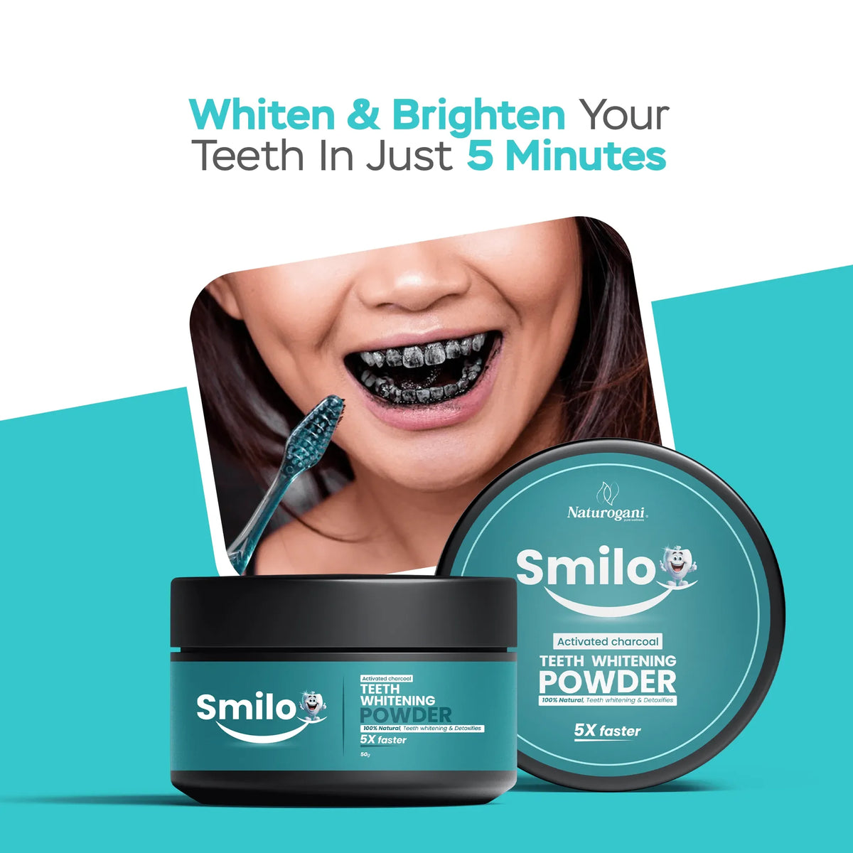 Woman brushing teeth with Smilo activated charcoal teeth whitening powder, product jar visible.