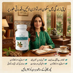 A woman in a green traditional outfit holds a white bottle of Natural Veg Ashwagandha capsules in a warm, book-filled room. The image features Urdu text at the top and bottom, with a cup of tea on the table.